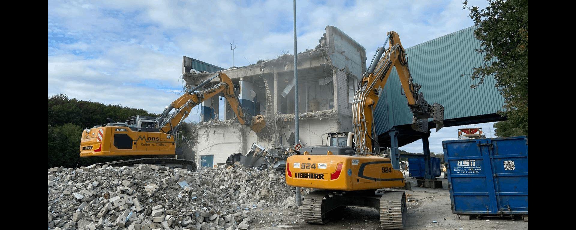 Abbruch eines mehrstöckigen Gebäudes in Betonbauweise mit Liebherr-Baggern.