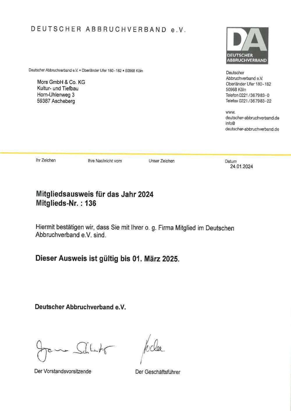 Vorschau des Zertifikats "Der Deutsche Abbruchverband" - Mitgliedsausweis 2023